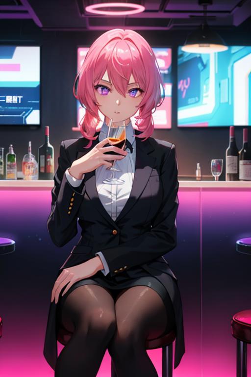 00235-984404887-Cyberpunk, 1girl, sitting in a futuristic bar, holding a glass, modified human, elegant suit, pink hair, purple eyes, looking in.png